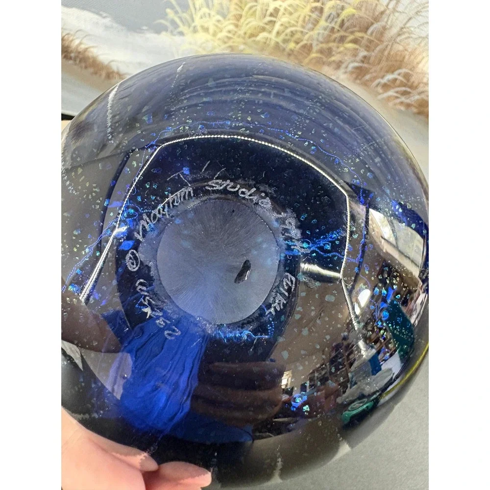 Maytum Studio 1994 Iridescent Art Glass Paperweight Oil Lamp  Blue Green